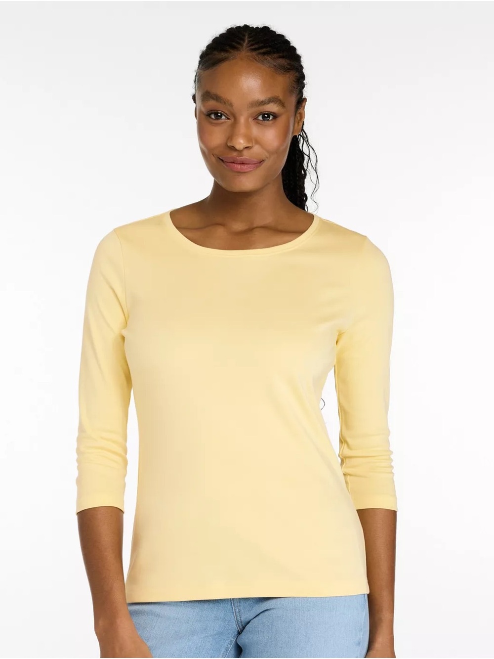 Women's Pima Cotton Shaped Tee, Three-Quarter-Sleeve Jewelneck